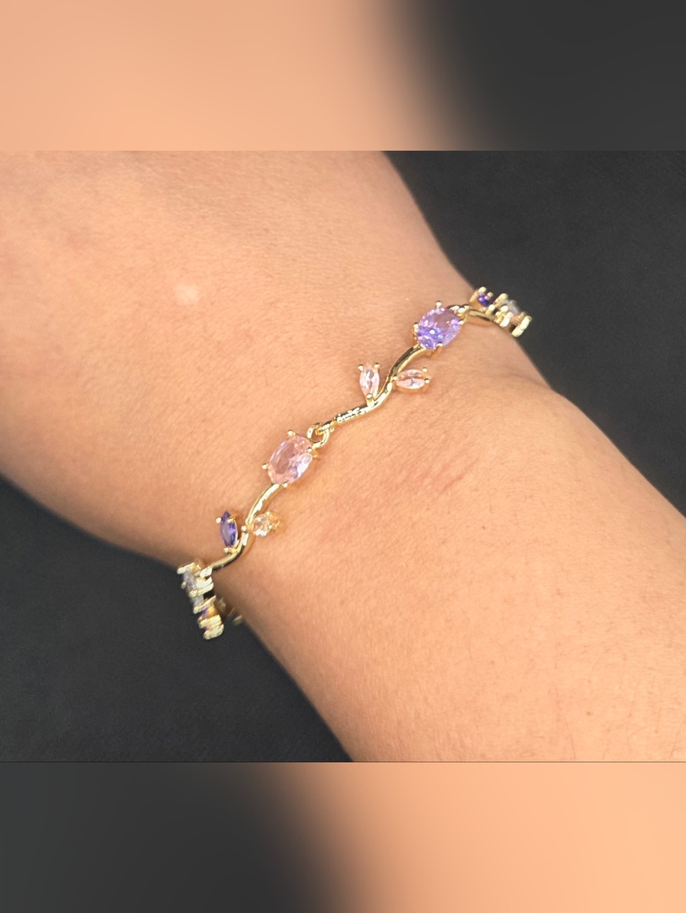 Gold Pink & Purple Crystal Tulip Vine Bracelet - Women Jewelry